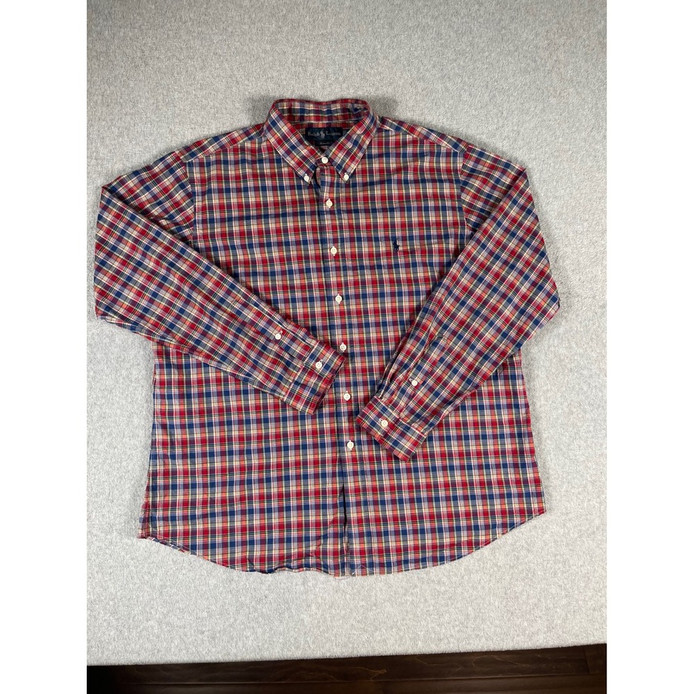 Ralph‎ Lauren Mens XXL Custom Fit Plaid Button Down Shirt Red Blue Long Sleeve